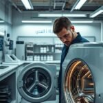 فني صيانة يفحص غسالة أوتوماتيك داخل منزل في حي شبرا بالرياض