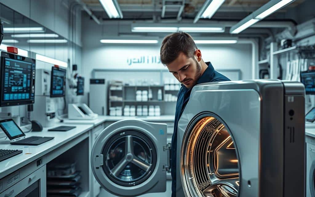 فني صيانة يفحص غسالة أوتوماتيك داخل منزل في حي شبرا بالرياض